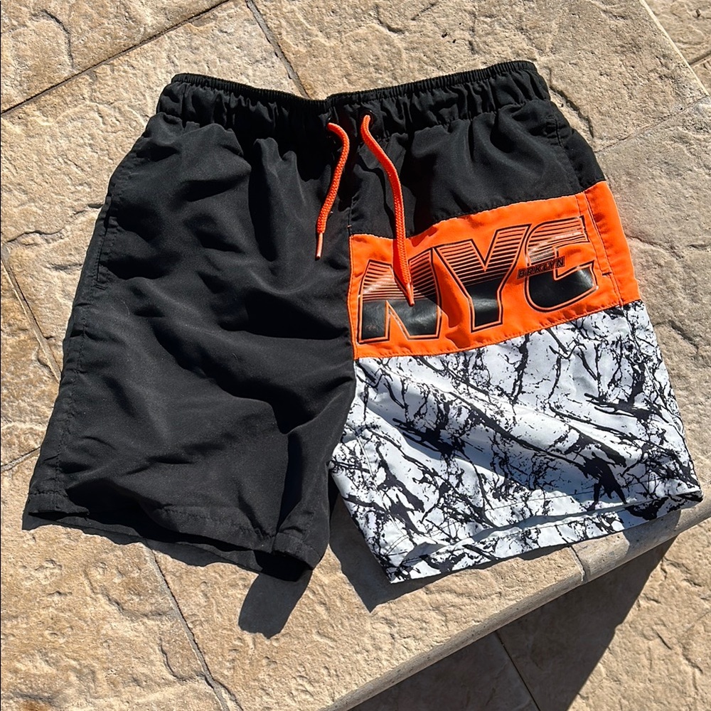 Kids Swim Trunks - Black and Orange